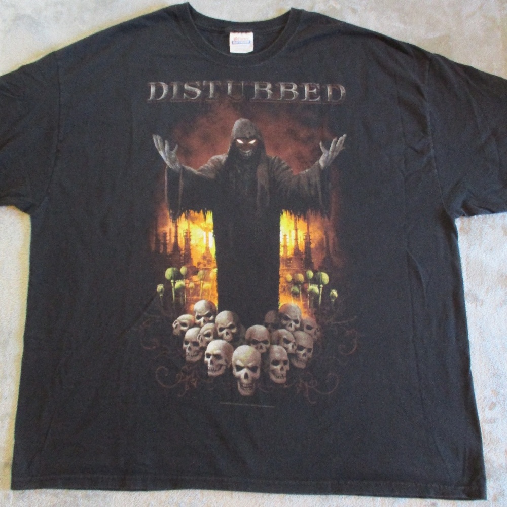 Disturbed Shirt Mens XXXL Black Guy Fire Poppy Skull Reaper AOP Heavy Metal 2418